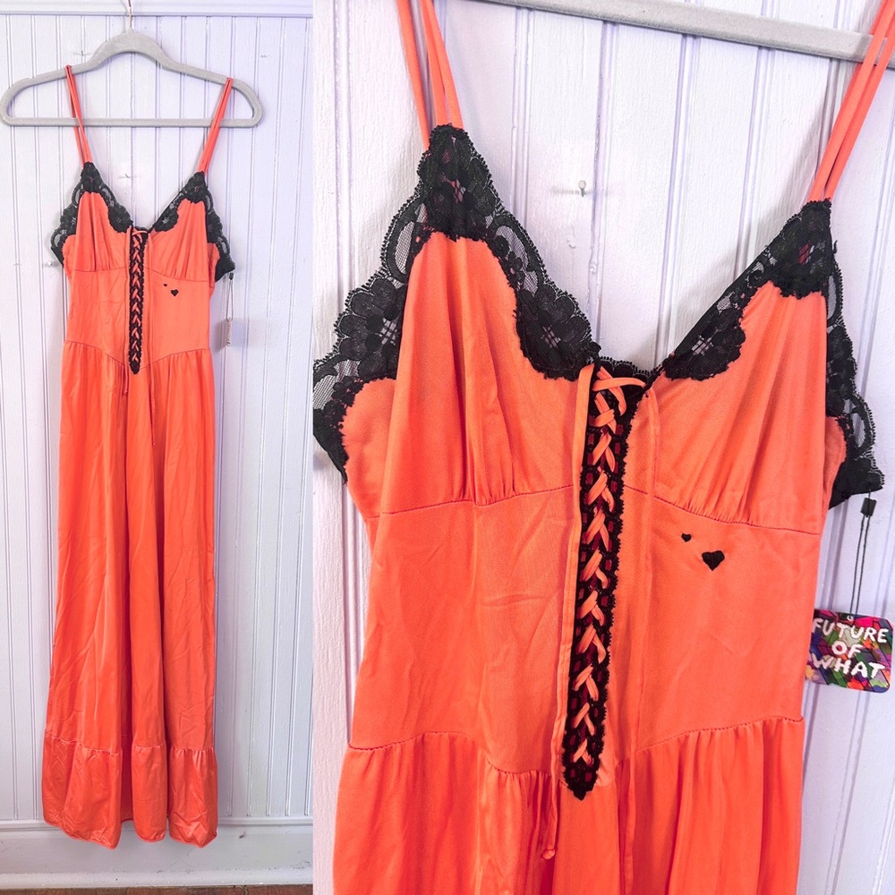 *sold* 1960’s Sears Maxi Slip in bright coral, black embroidered hearts.
